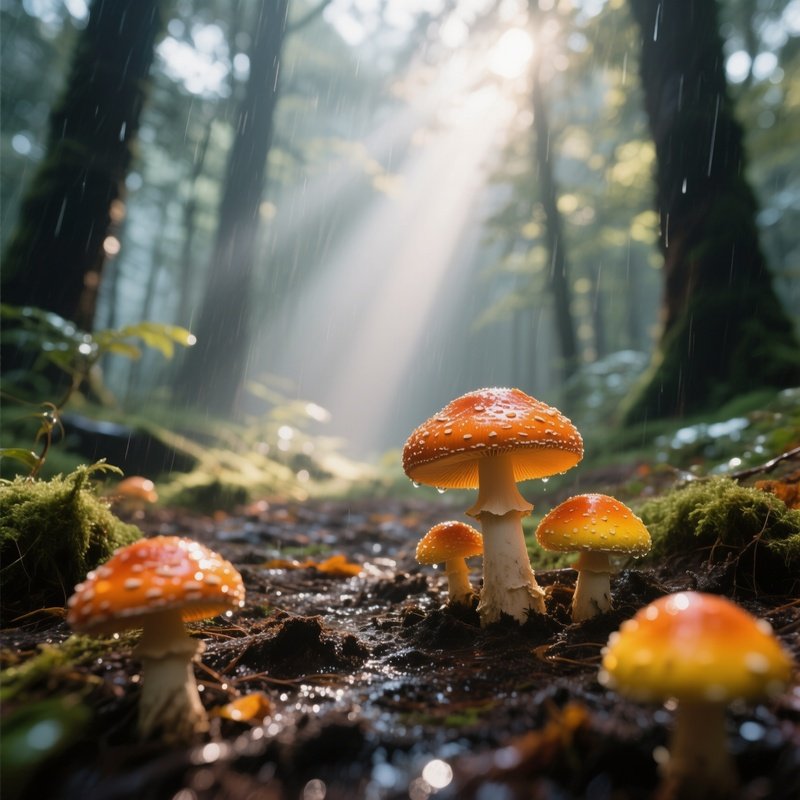 An Early Morning Forest Floor After Rain, Vibrant Orange And Yellow Mushrooms Glistening On Wet