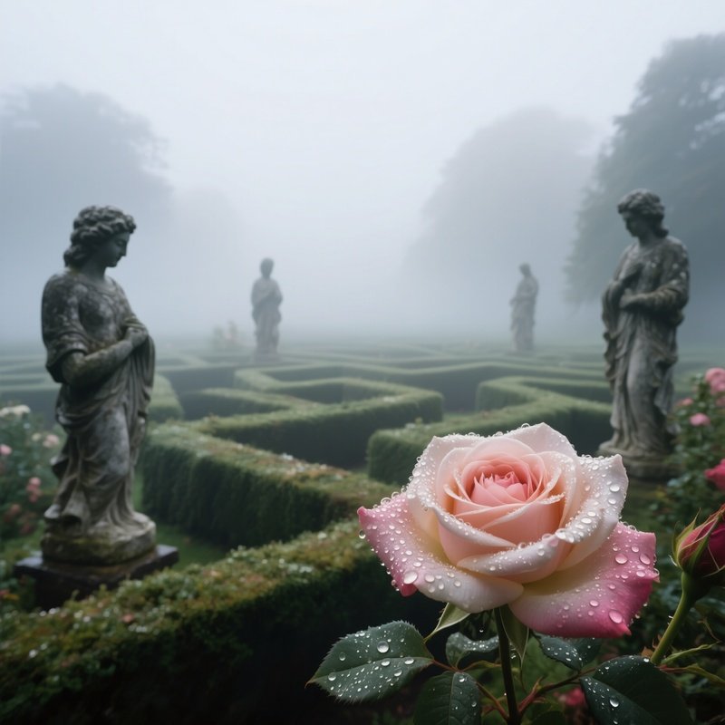 An Early Morning Garden Maze Shrouded In Mist, Stone Statues Emerging From The Fog, And Dewdrops