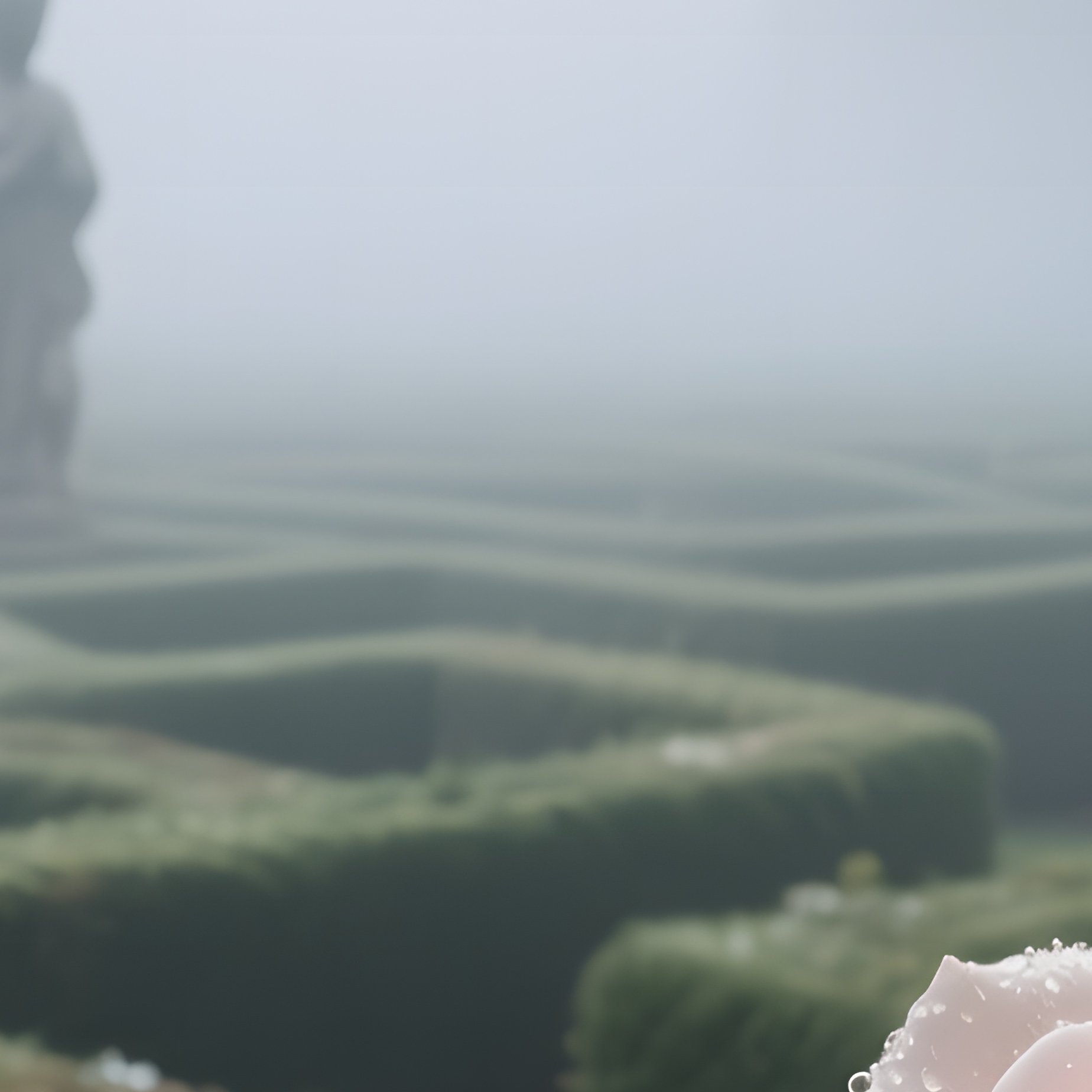 An Early Morning Garden Maze Shrouded In Mist, Stone Statues Emerging From The Fog, And Dewdrops - Full Resolution Quality Preview