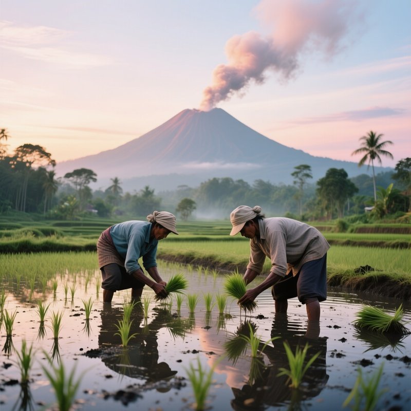 An Early Morning In A Balinese Rice Field, Farmers Planting Seedlings, Distant Volcano Spewing