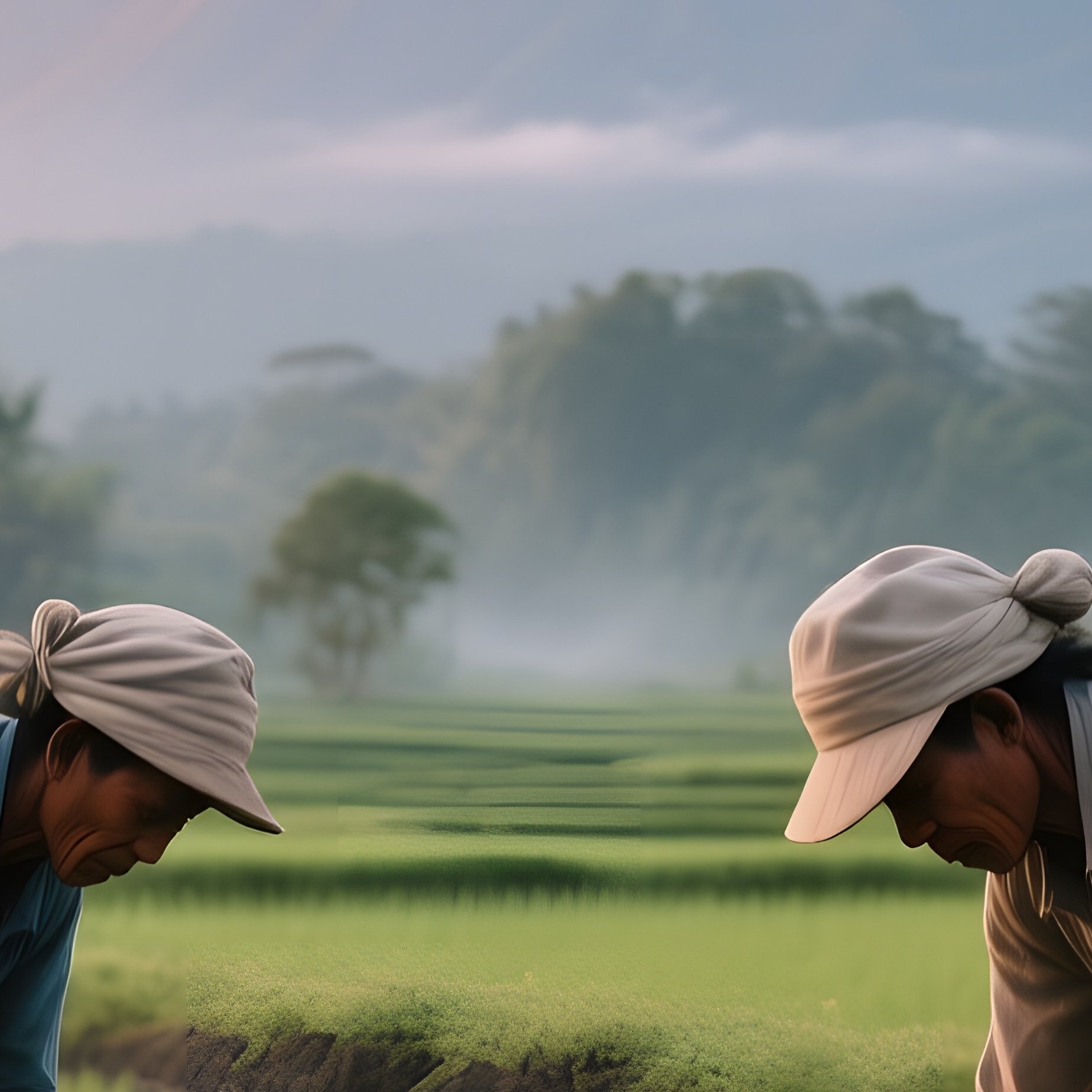 An Early Morning In A Balinese Rice Field, Farmers Planting Seedlings, Distant Volcano Spewing - Full Resolution Quality Preview