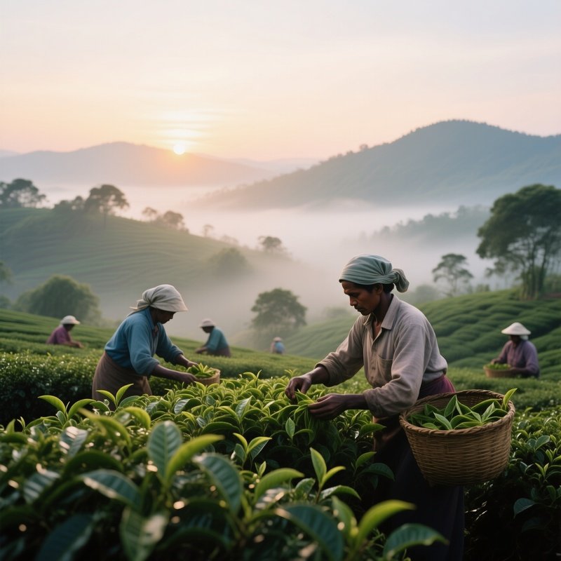 An Early Morning In A Malaysian Tea Garden, Workers Harvesting Leaves Under Soft Sunrise, Distant