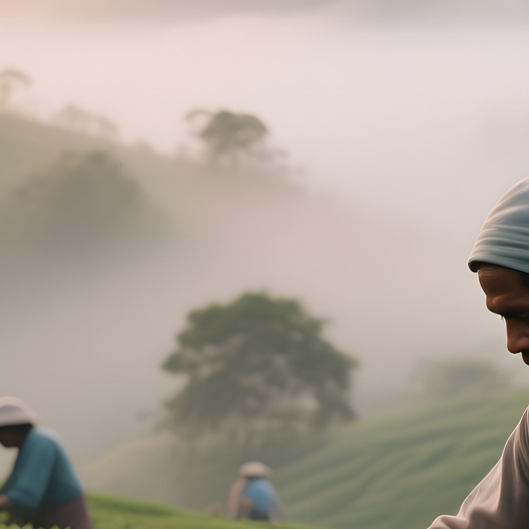 An Early Morning In A Malaysian Tea Garden, Workers Harvesting Leaves Under Soft Sunrise, Distant - Full Resolution Quality Preview