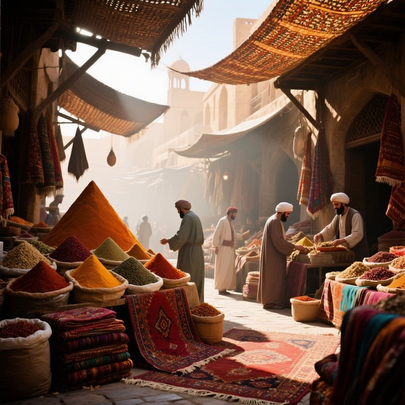 An Early Morning Market In An Ancient Persian Bazaar, Spices Piled In Vibrant Pyramids, Merchants