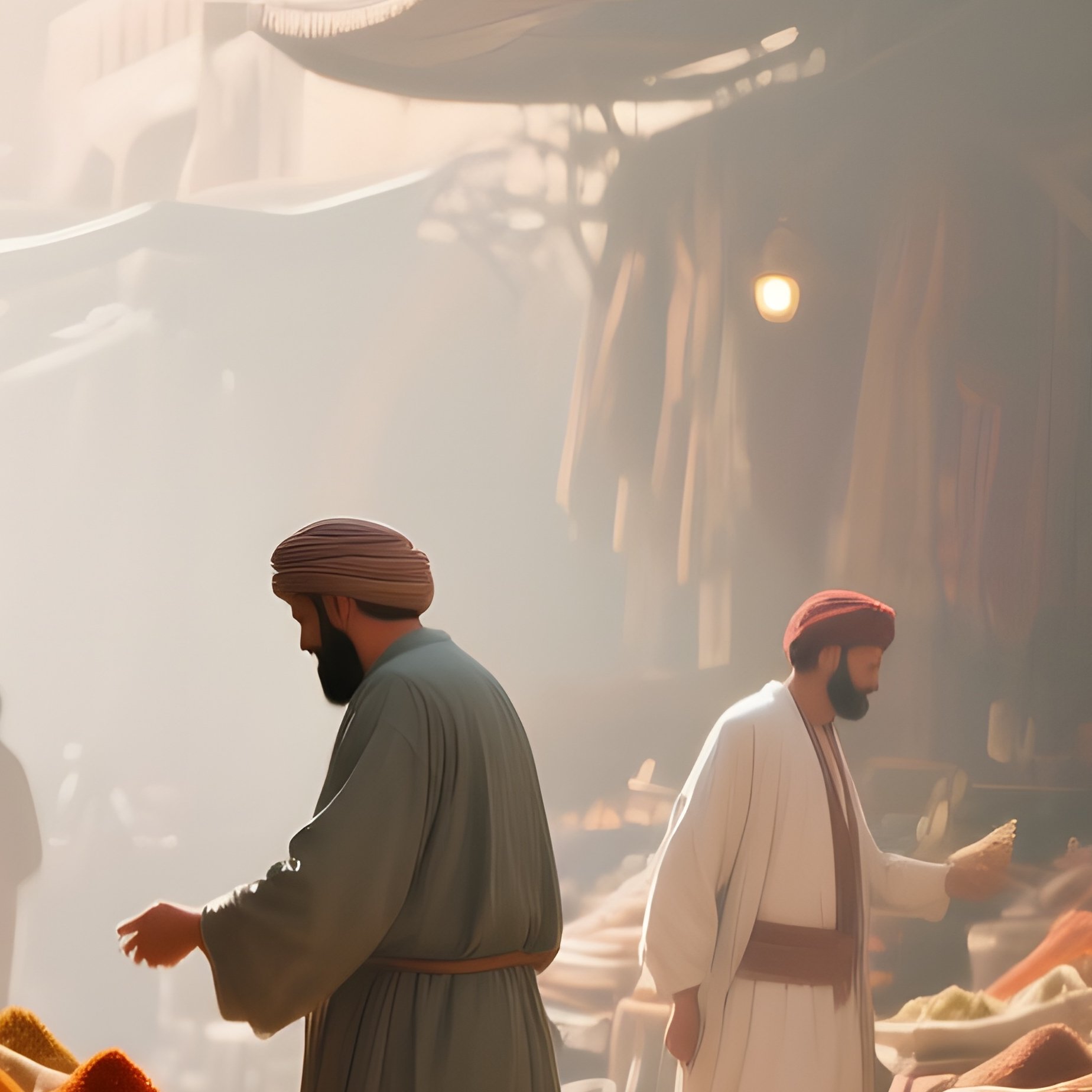 An Early Morning Market In An Ancient Persian Bazaar, Spices Piled In Vibrant Pyramids, Merchants - Full Resolution Quality Preview