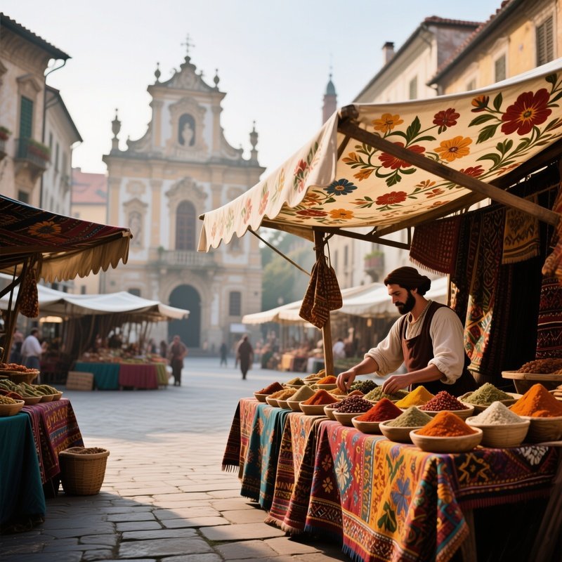 An Early Morning Market Square In A Baroque Town, Stalls Draped In Richly Patterned Fabrics,
