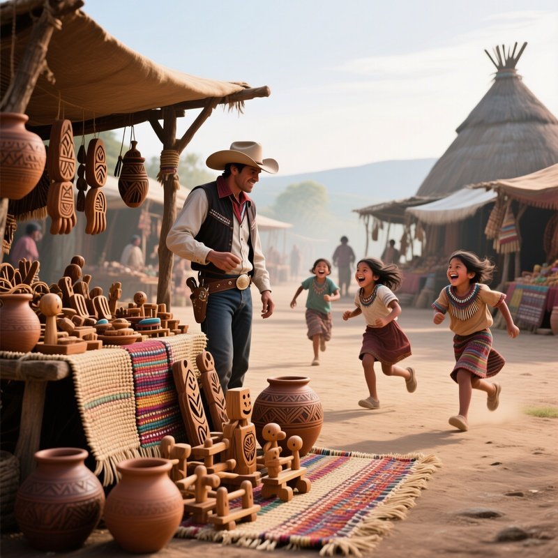 An Early Morning Market Square In A Native Village, Woven Mats And Pottery Displayed, A Cowboy
