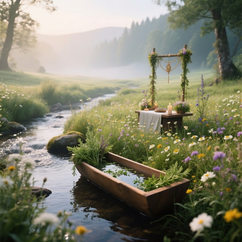 An Early Morning Meadow Altar Beside A Babbling Brook, Wildflowers In Full Bloom, A Wooden Trough