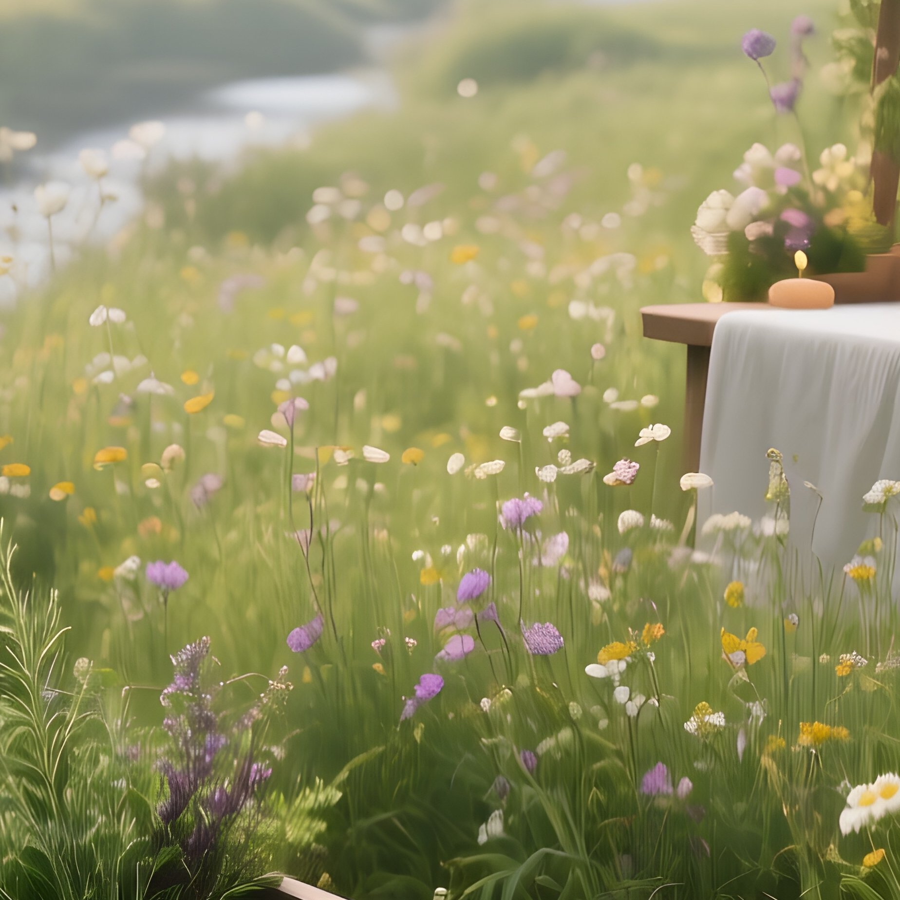 An Early Morning Meadow Altar Beside A Babbling Brook, Wildflowers In Full Bloom, A Wooden Trough - Full Resolution Quality Preview