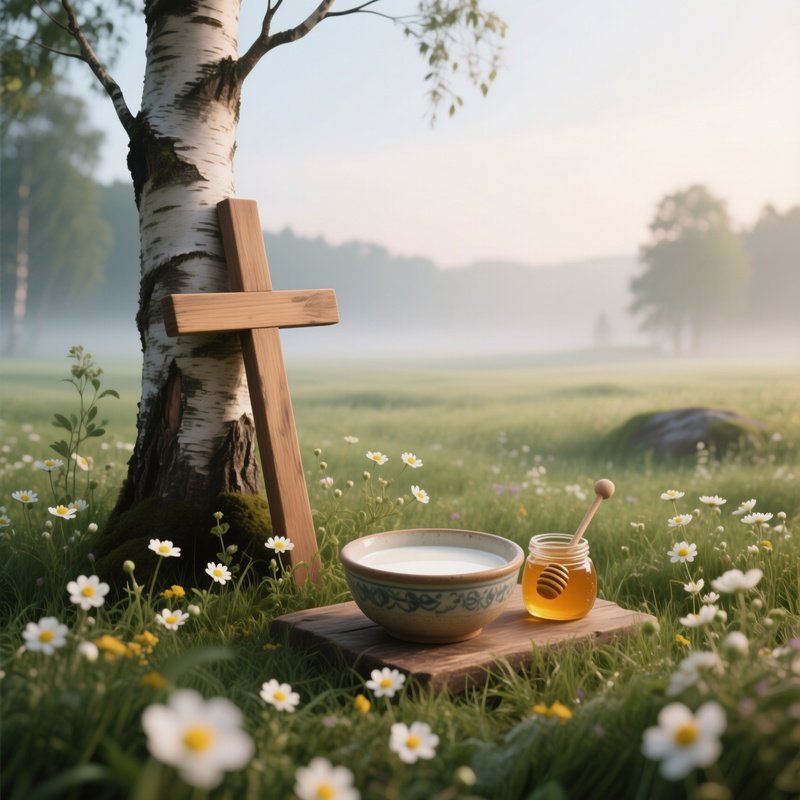 An Early Morning Meadow Altar Surrounded By Buttercups, A Simple Wooden Cross Leaning Against A