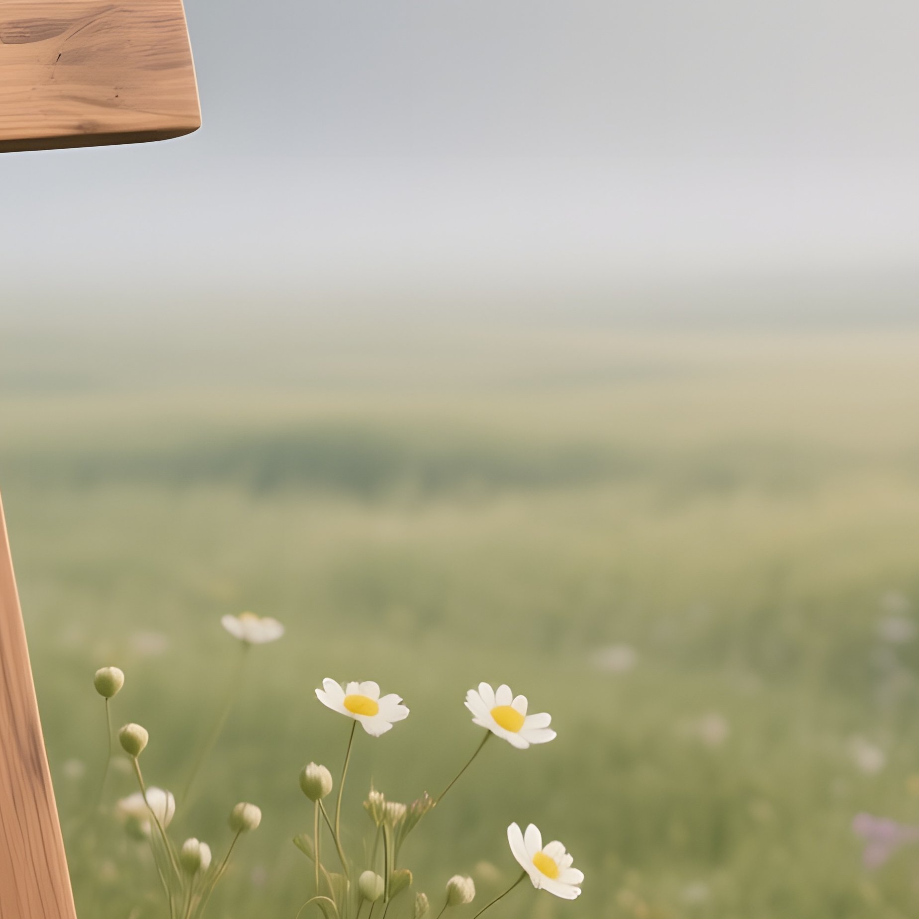 An Early Morning Meadow Altar Surrounded By Buttercups, A Simple Wooden Cross Leaning Against A - Full Resolution Quality Preview
