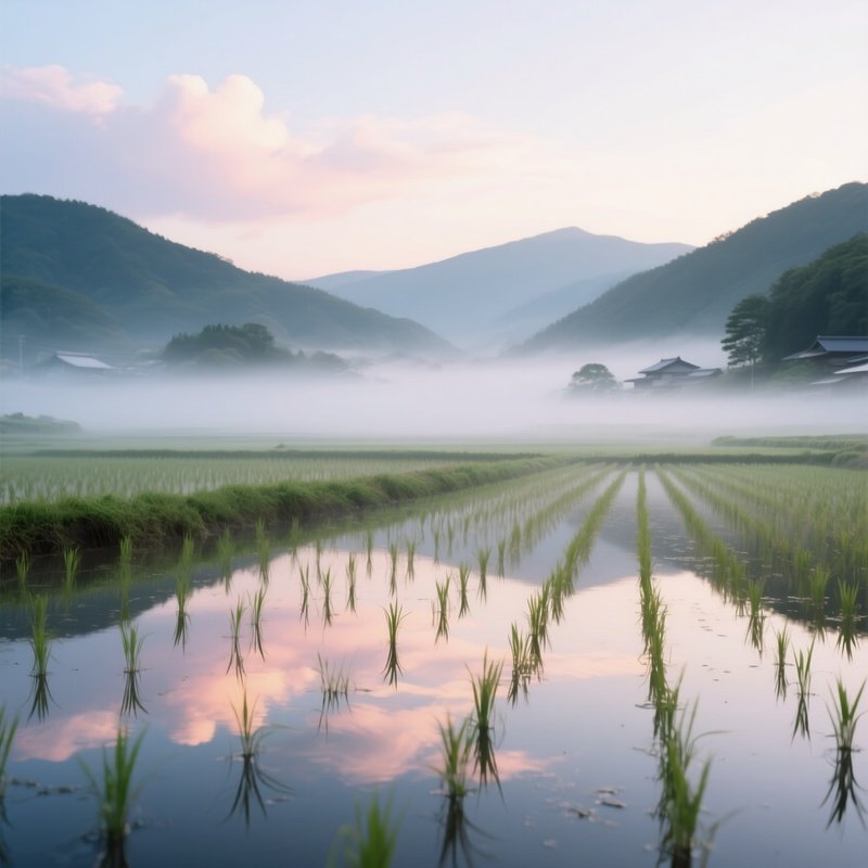 An Early Morning Mist Over A Japanese Rice Field, Water Reflecting Pastel Clouds, Distant Hills
