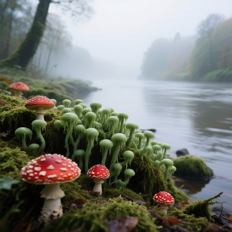 An Early Morning Mist Over A Mossy Riverbank Near The Rhine, Clusters Of Slimy Green Slime Molds