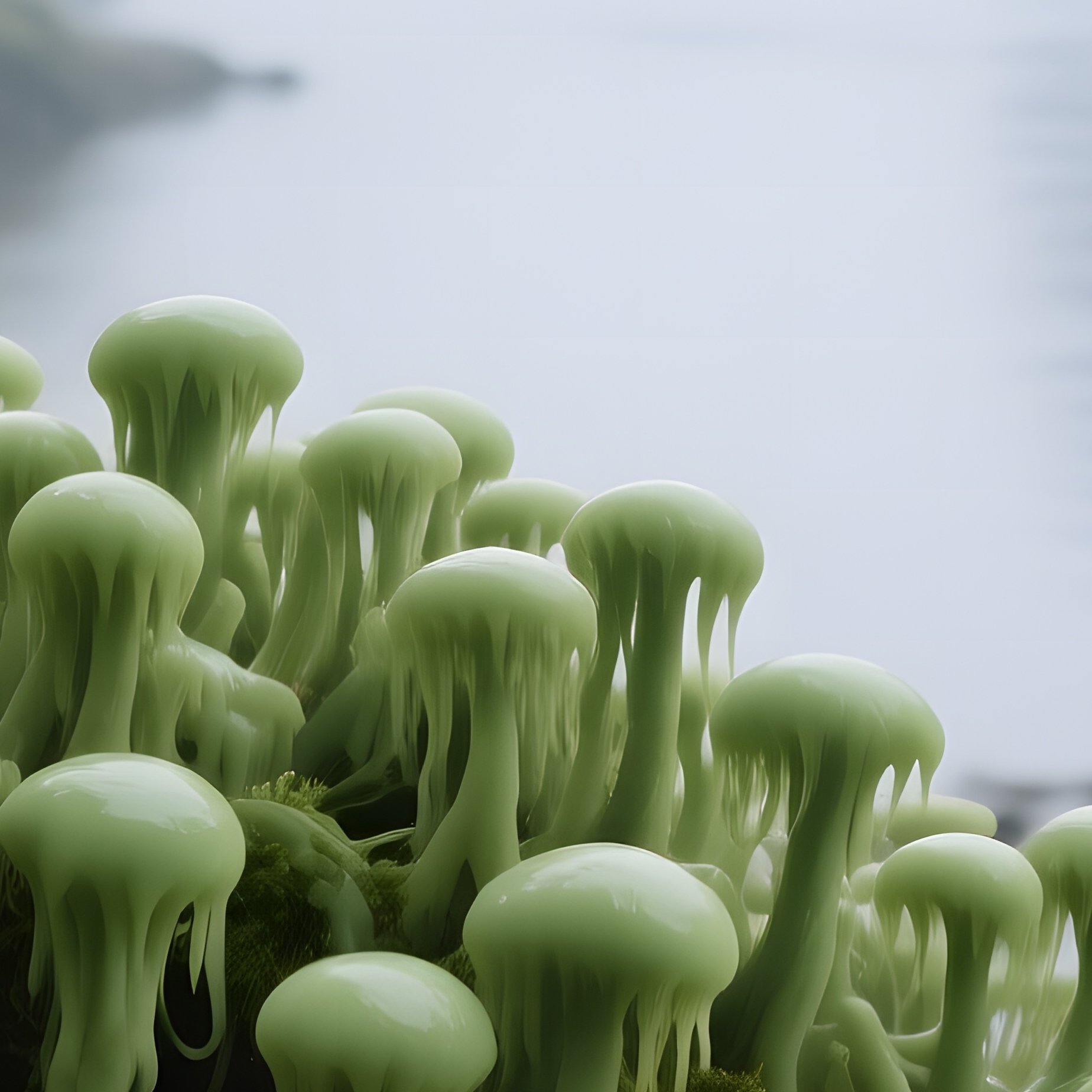 An Early Morning Mist Over A Mossy Riverbank Near The Rhine, Clusters Of Slimy Green Slime Molds - Full Resolution Quality Preview