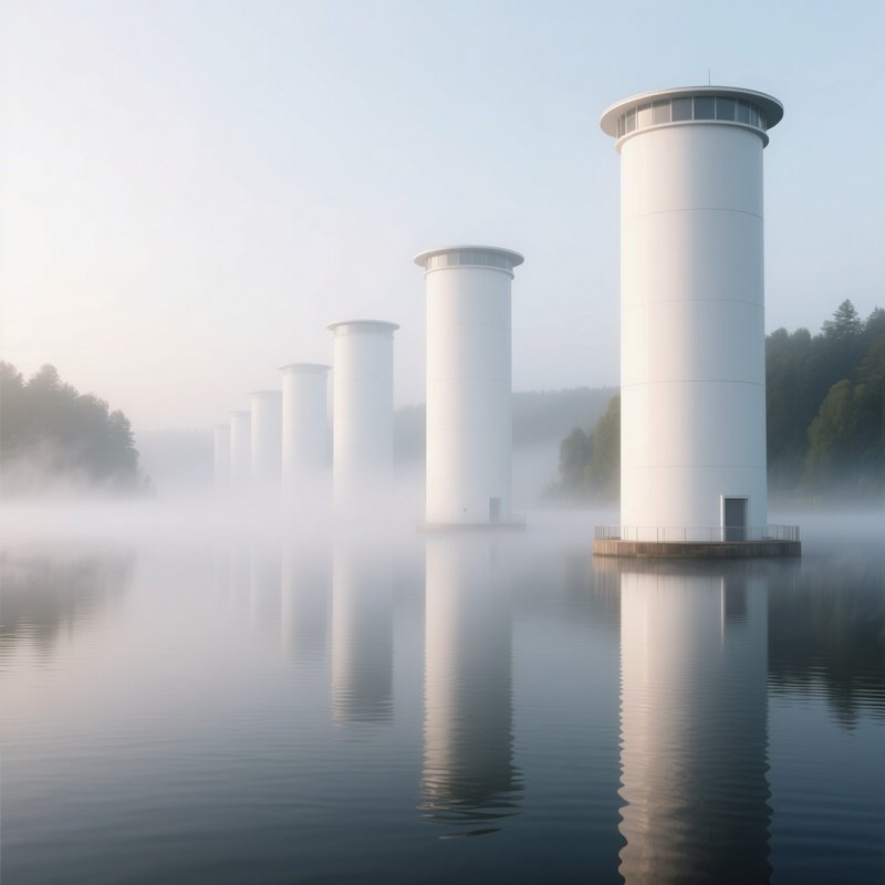 An Early Morning Mist Over A Series Of White Cylindrical Towers Rising From A Lake, Their Smooth