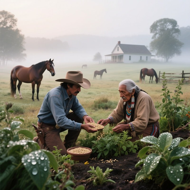 An Early Morning Mist Over A Sprawling Ranch Homestead, Horses Grazing, A Cowboy Feeds Them Oats