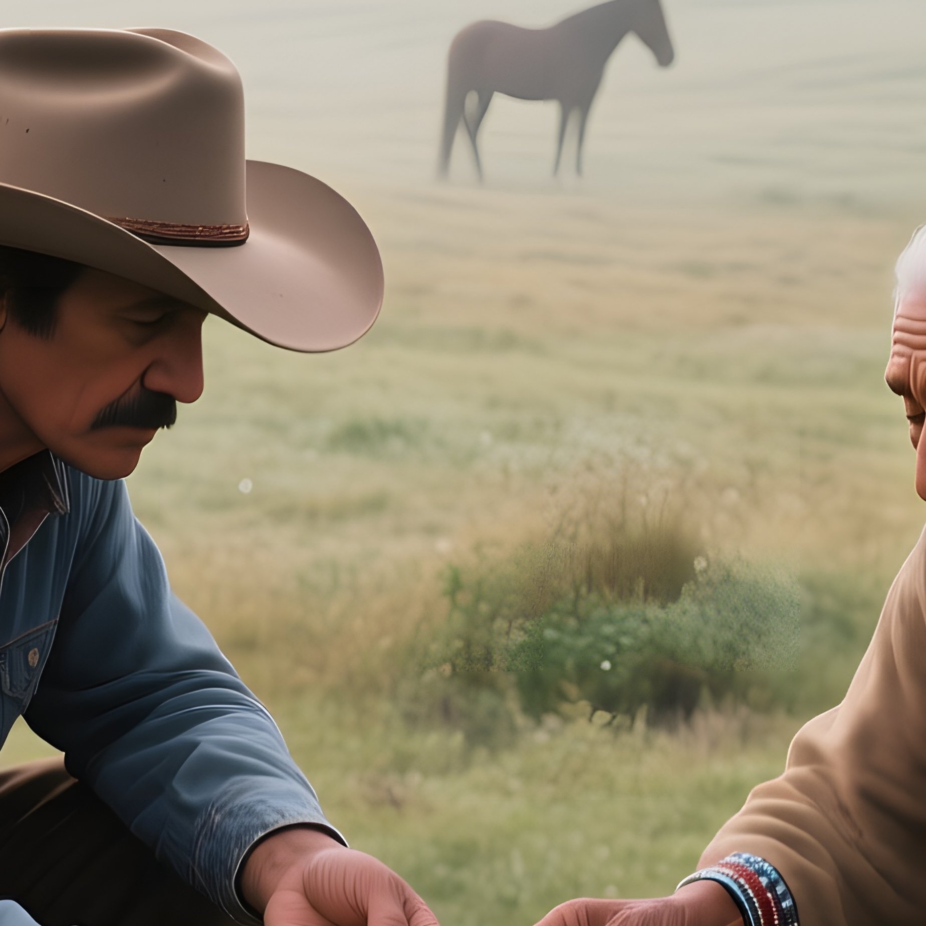 An Early Morning Mist Over A Sprawling Ranch Homestead, Horses Grazing, A Cowboy Feeds Them Oats - Full Resolution Quality Preview