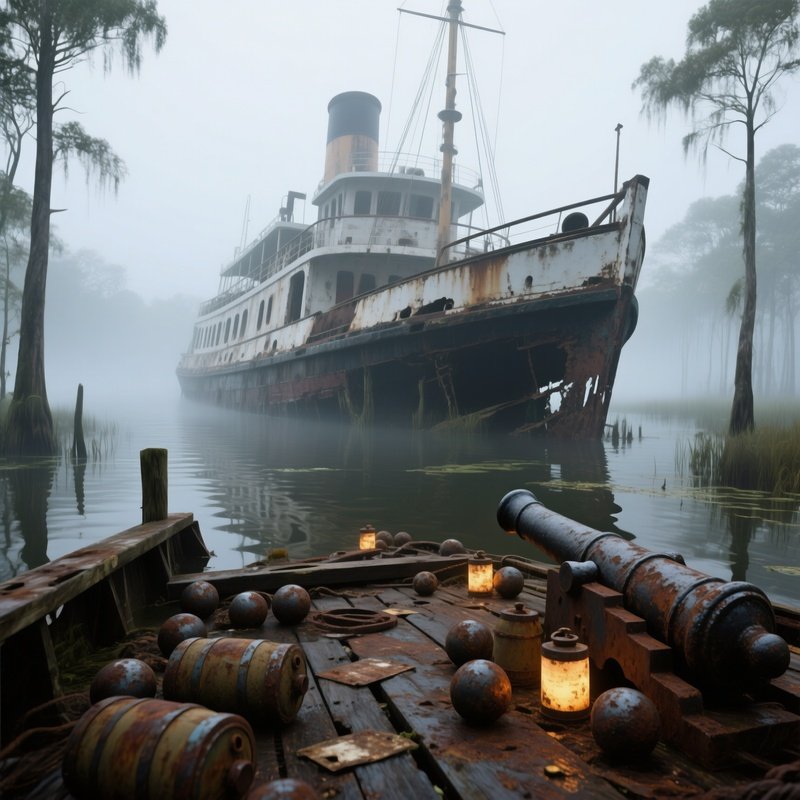 An Early Morning Misty Swamp With An Old Riverboat Hull Half‑Submerged, Its Deck Littered With
