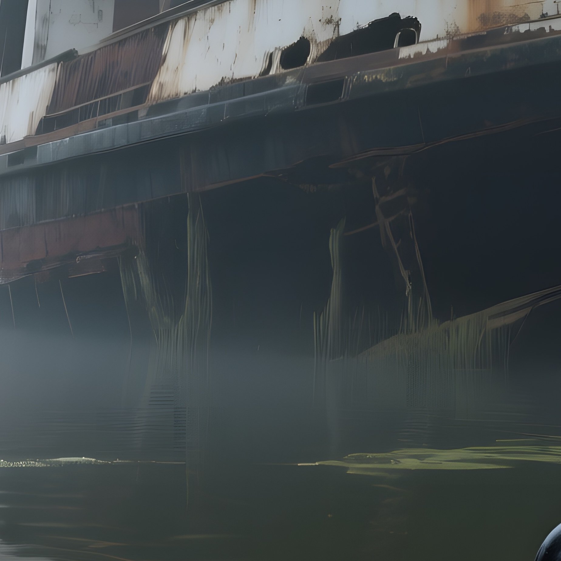 An Early Morning Misty Swamp With An Old Riverboat Hull Half‑Submerged, Its Deck Littered With - Full Resolution Quality Preview