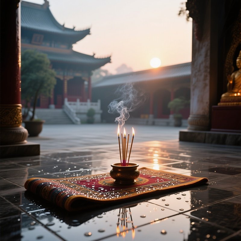 An Early Morning Monastery Courtyard Altar With Dew‑Covered Prayer Mats, Incense Sticks Smoldering