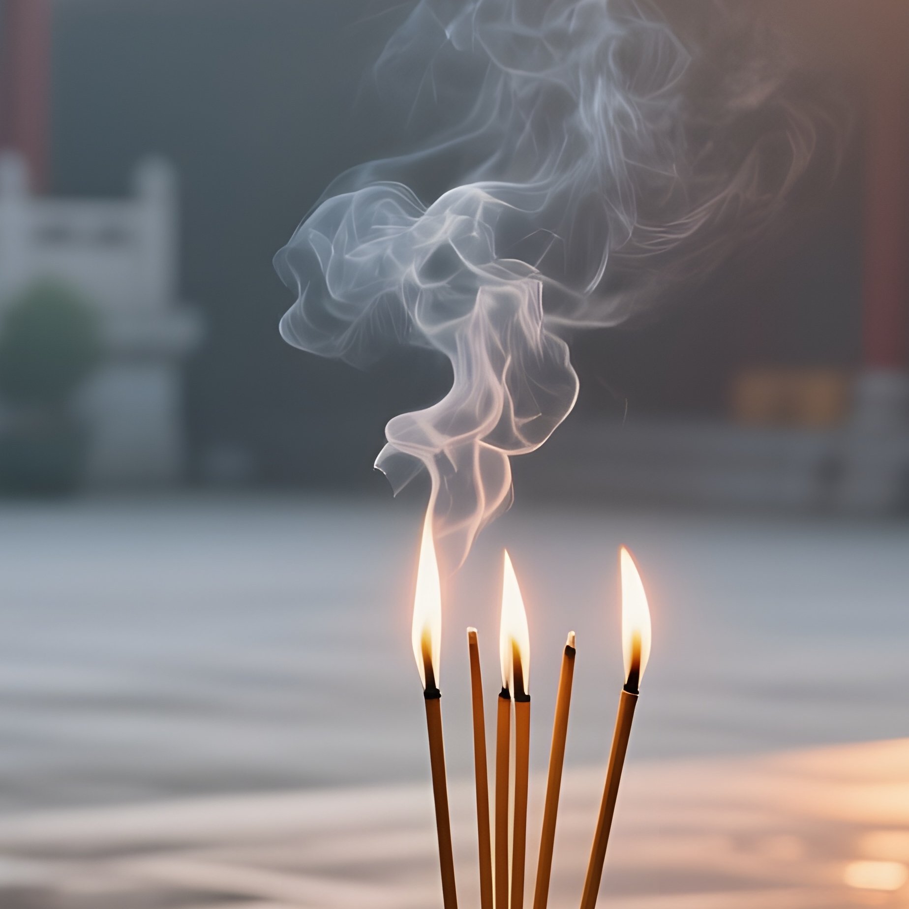 An Early Morning Monastery Courtyard Altar With Dew‑Covered Prayer Mats, Incense Sticks Smoldering - Full Resolution Quality Preview
