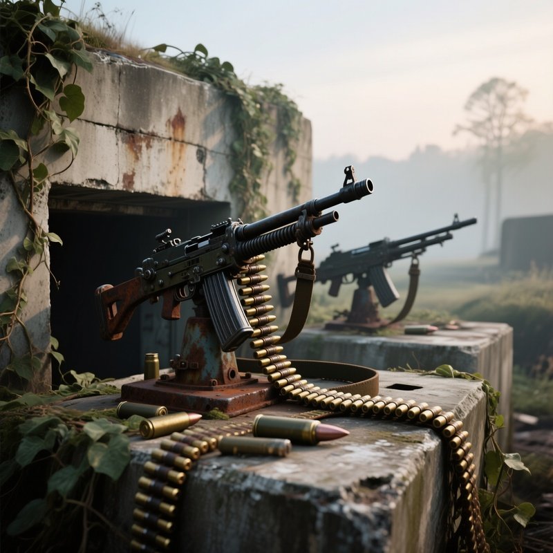 An Early Morning Scene At An Abandoned Wwii Bunker, Rusted Machine Gun Mounts With Belts Of