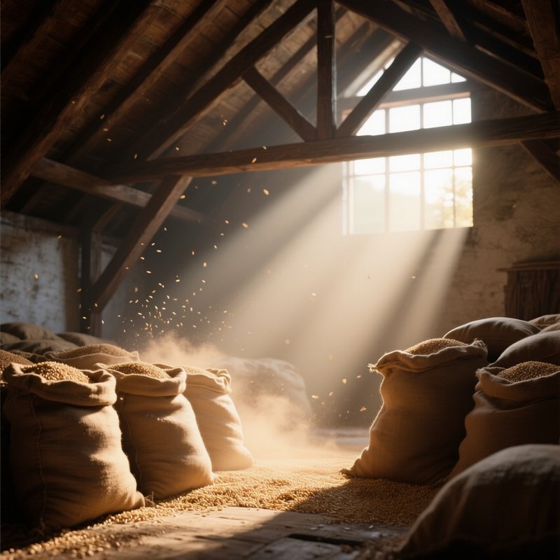 An Early Morning Scene Inside A Granary Loft, Beams Of Sunrise Filtering Through Narrow Slits,