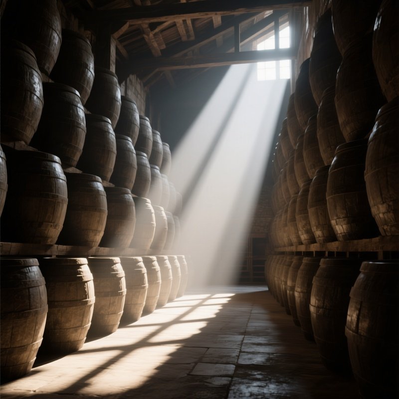 An Early Morning Scene Inside A Granary, Massive Stone Jars Stacked High, Shafts Of Sunlight