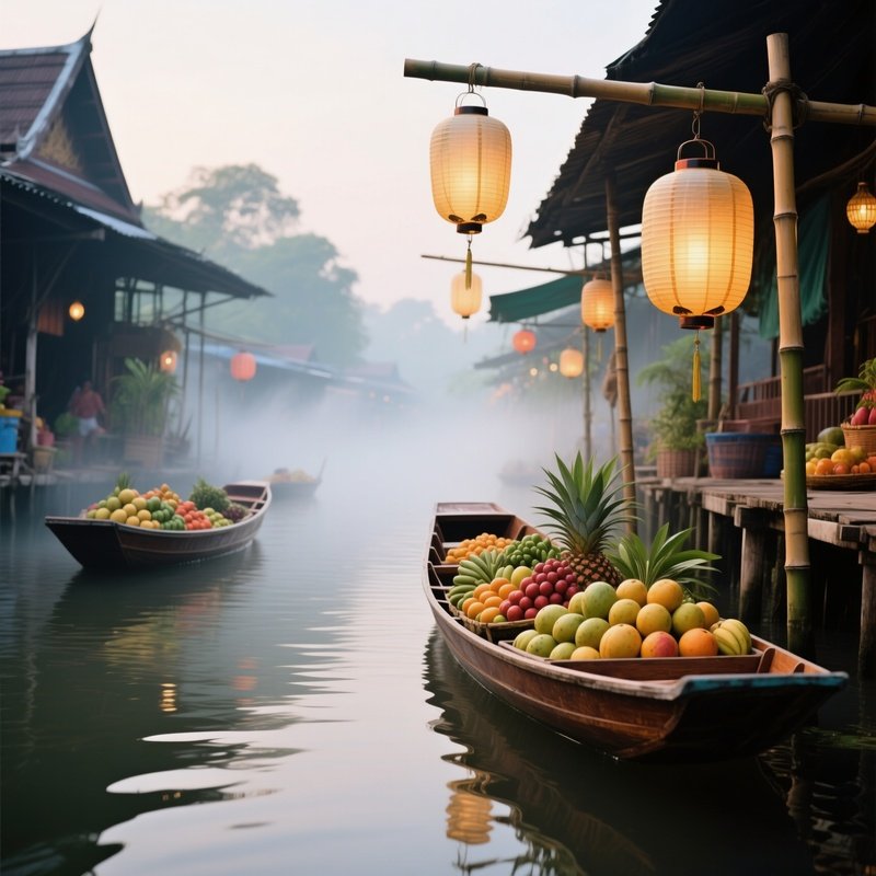 An Early Morning Scene Of A Thai Floating Market, Wooden Boats Laden With Tropical Fruits, Mist