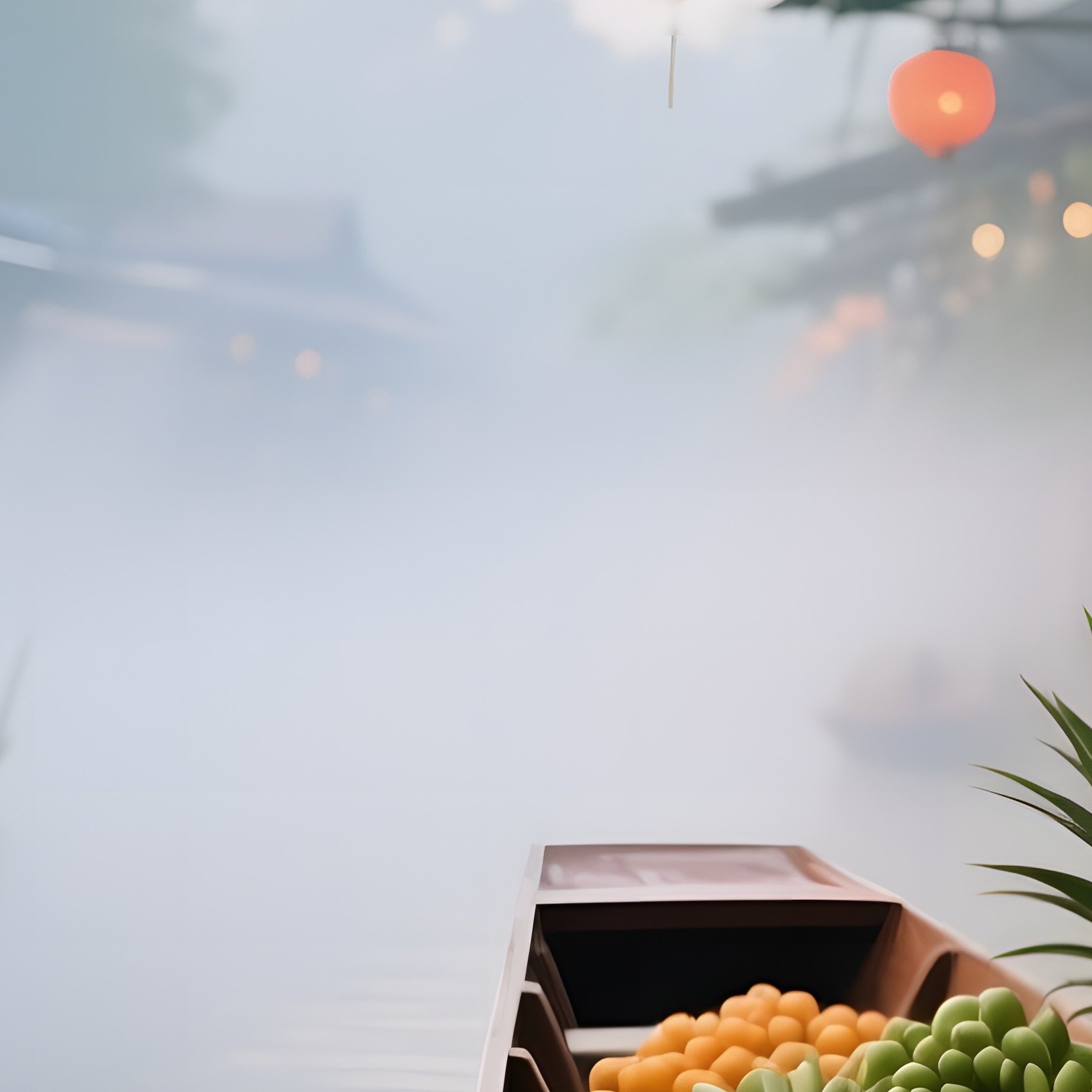 An Early Morning Scene Of A Thai Floating Market, Wooden Boats Laden With Tropical Fruits, Mist - Full Resolution Quality Preview