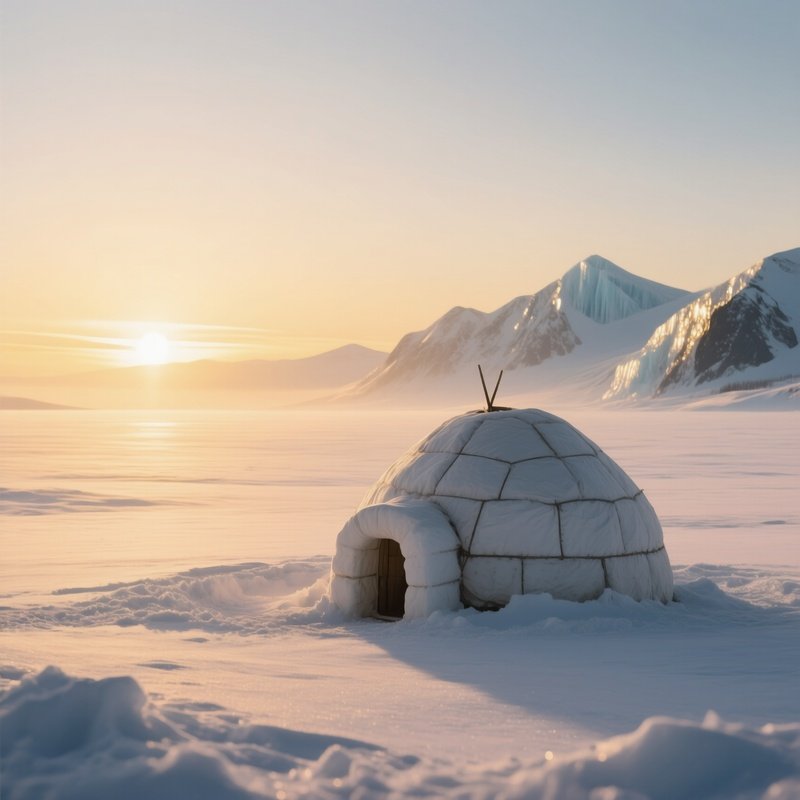 An Early Morning Scene Where A Lone Igloo Stands On A Vast Snowfield, The Horizon Tinged With Gold