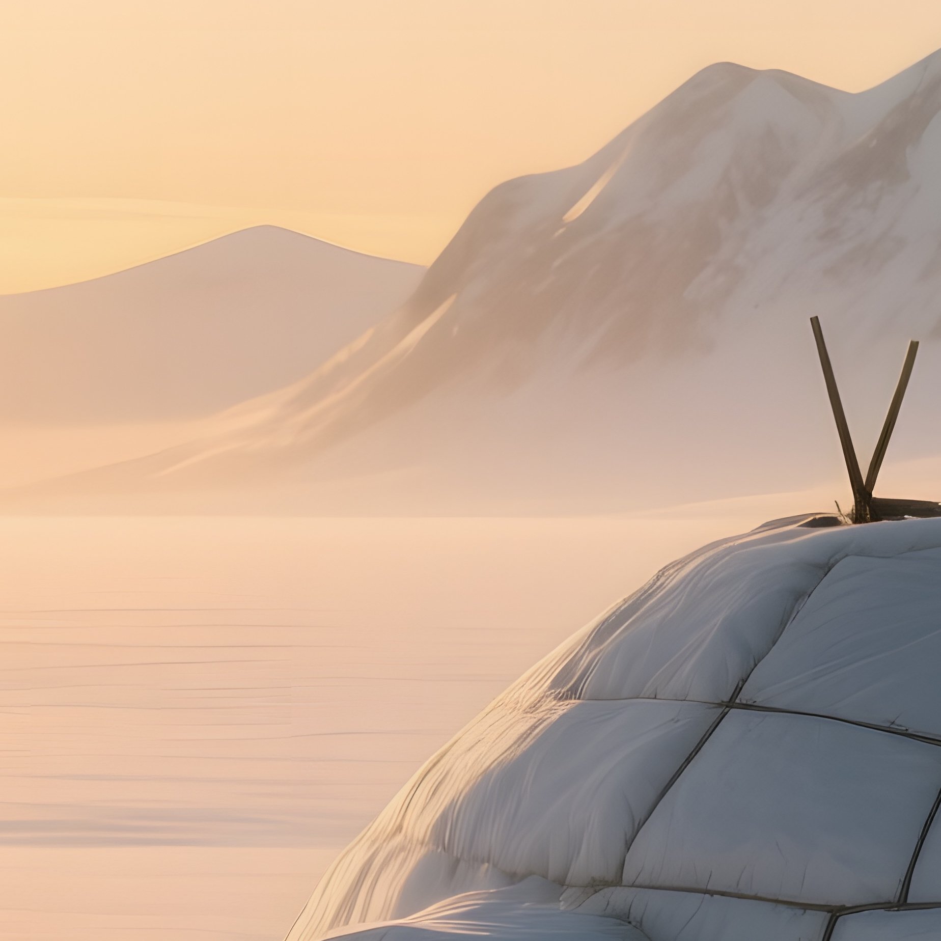 An Early Morning Scene Where A Lone Igloo Stands On A Vast Snowfield, The Horizon Tinged With Gold - Full Resolution Quality Preview