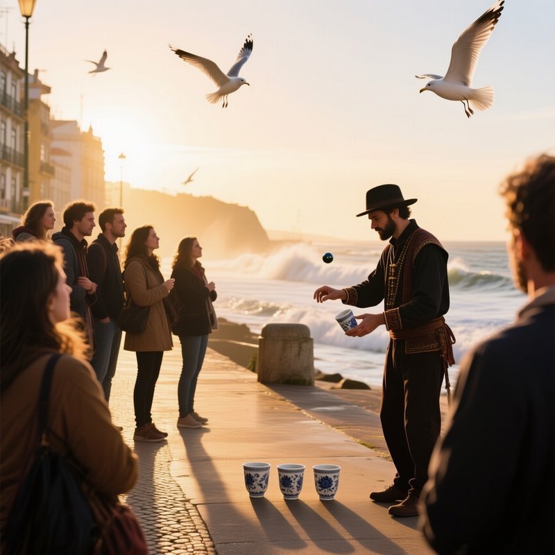 An Early Morning Seaside Promenade In Portugal, Golden Light Illuminating A Group Of Tourists