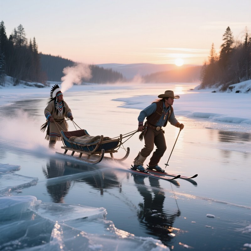 An Early Morning Sunrise Over A Frozen River, Ice Glistening, A Cowboy On Skis Slides Across The