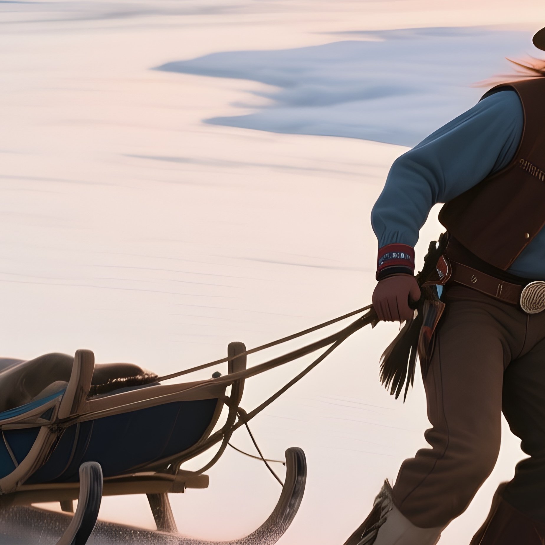 An Early Morning Sunrise Over A Frozen River, Ice Glistening, A Cowboy On Skis Slides Across The - Full Resolution Quality Preview