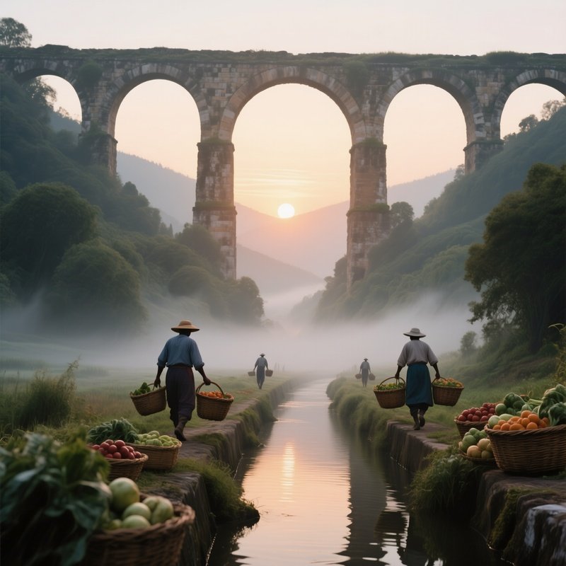 An Early Morning Sunrise Over A Roman Aqueduct Spanning A Lush Valley, Mist Clinging To The Arches,