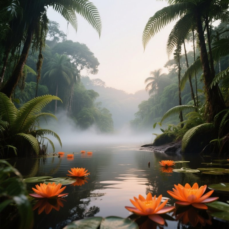 An Early Morning View From The Shore Of A Rainforest Pond, Towering Ferns Framing Bright Orange