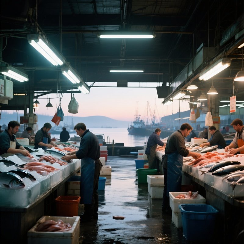 An Early‑Morning View Of A Bustling Fish Auction Hall With Vendors Arranging Fresh Catches, Bright