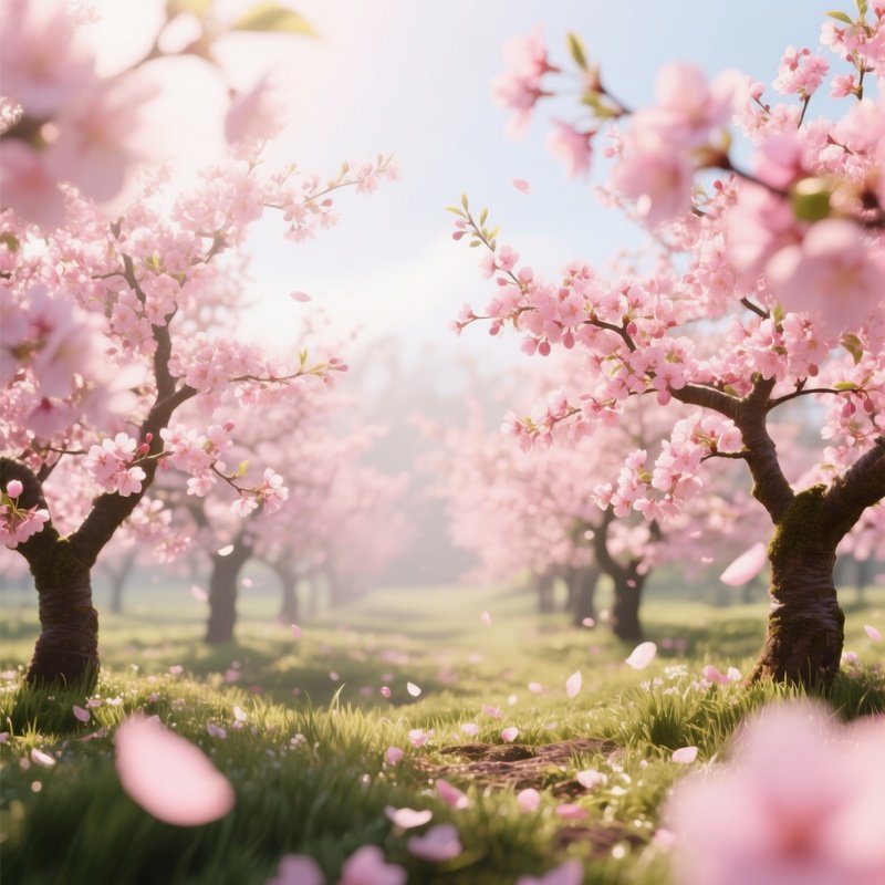 An Early Spring Orchard Where Cherry Trees Burst With Pink Blossoms, Soft Sunlight Filtering