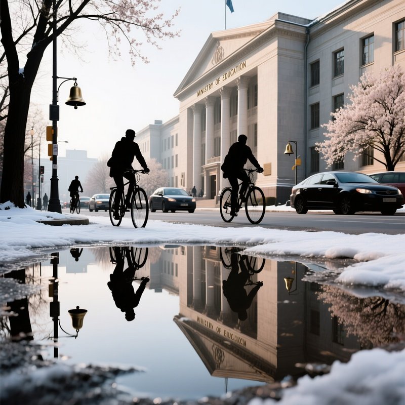 An Early Spring Thaw Revealing Puddles Reflecting The Towering Silhouettes, Cyclists Weaving