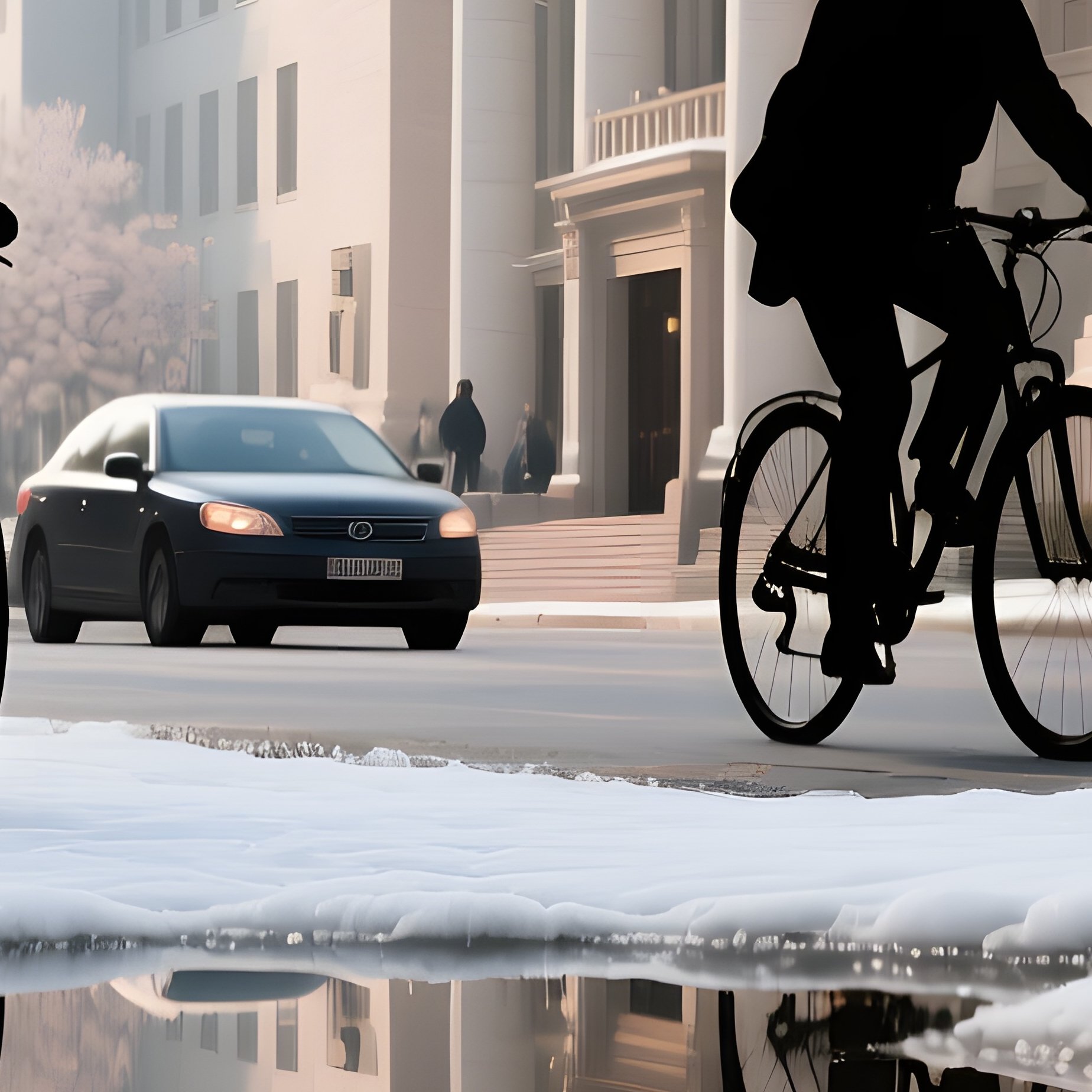 An Early Spring Thaw Revealing Puddles Reflecting The Towering Silhouettes, Cyclists Weaving - Full Resolution Quality Preview