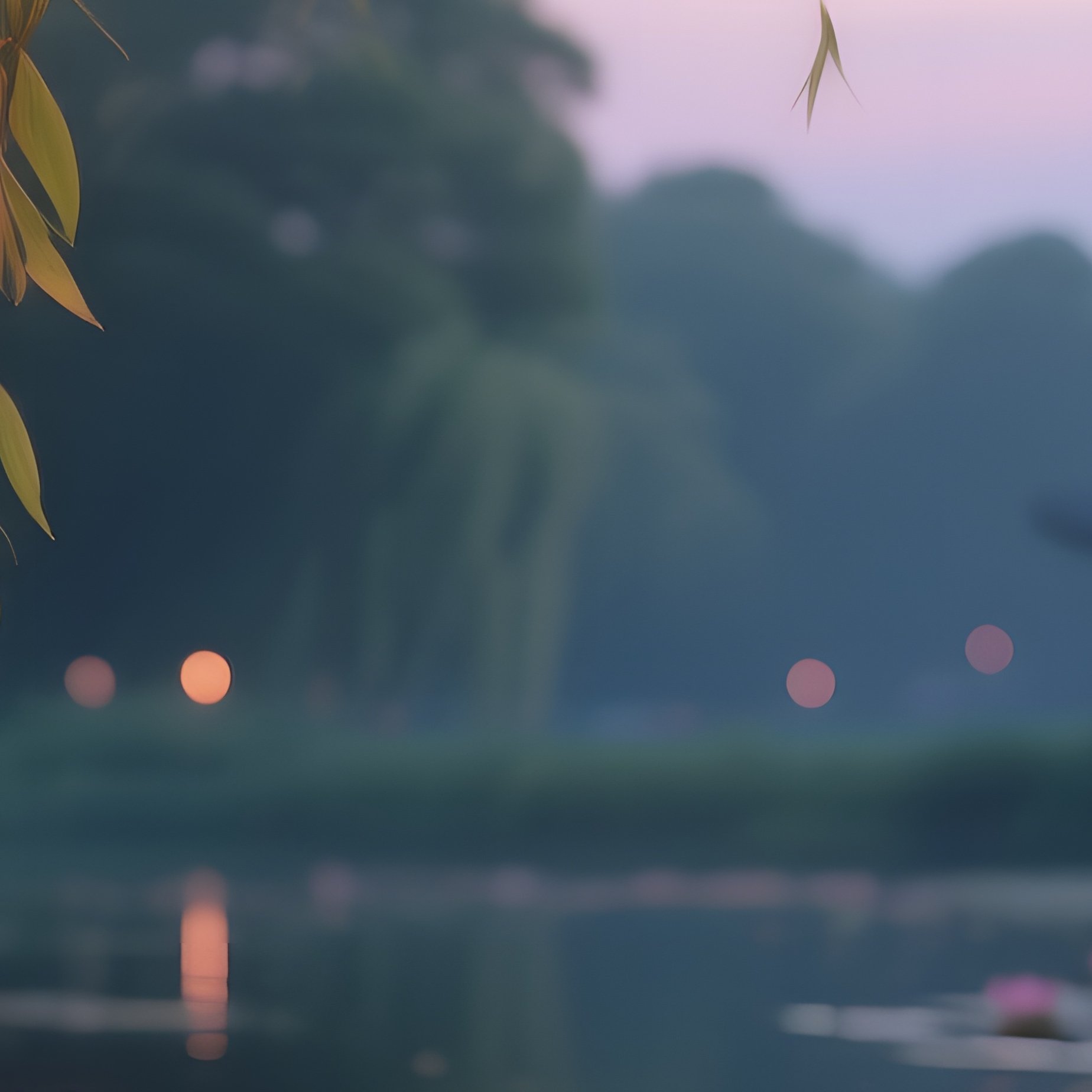An Early Summer Evening Scene With Lanterns Hanging From Willow Branches Over A Pond, Pink Water - Full Resolution Quality Preview