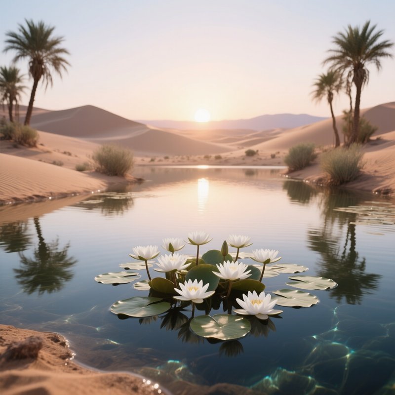 An Early Sunrise Over A Desert Oasis, Resilient White Water Lilies Thriving In Crystal Clear Water
