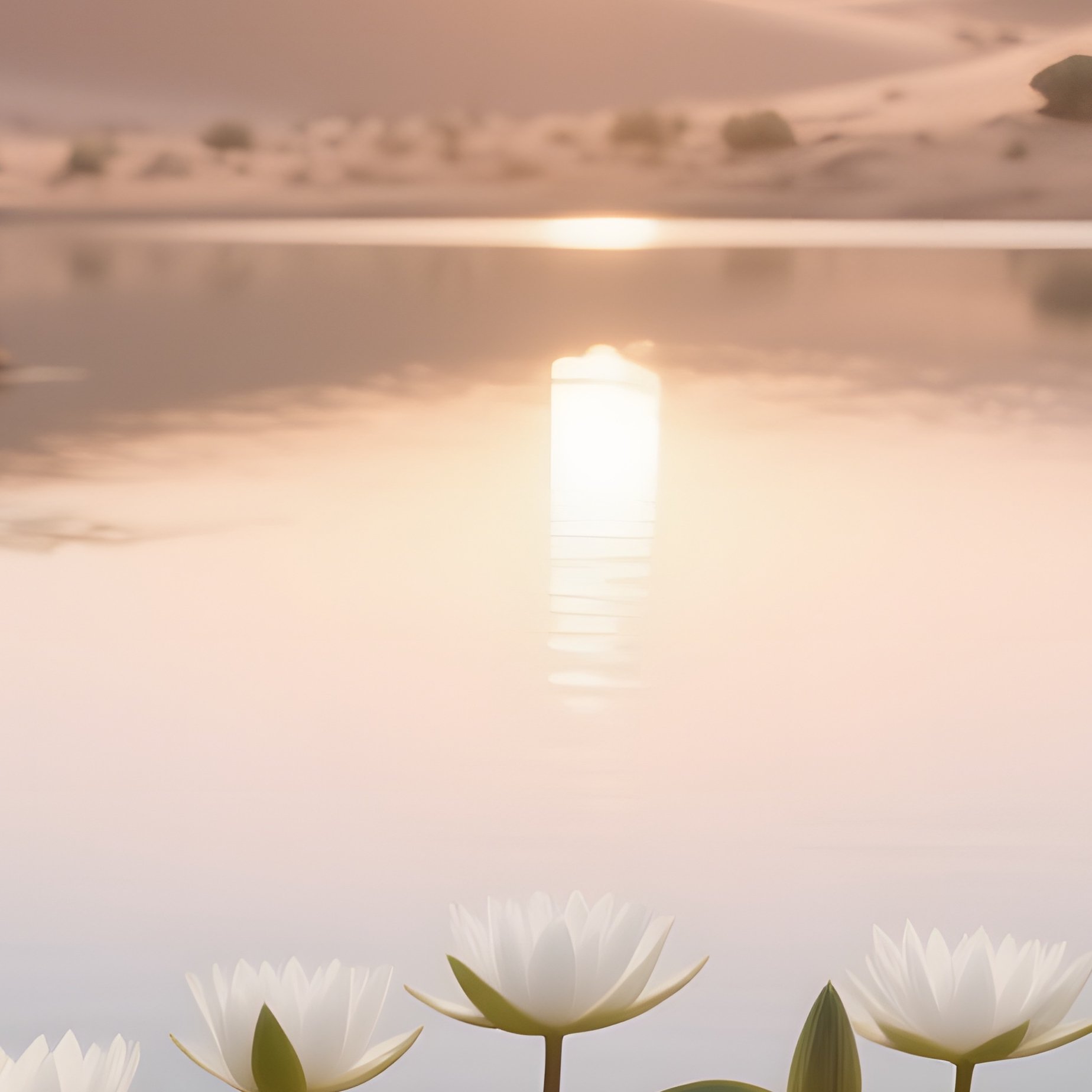 An Early Sunrise Over A Desert Oasis, Resilient White Water Lilies Thriving In Crystal Clear Water - Full Resolution Quality Preview