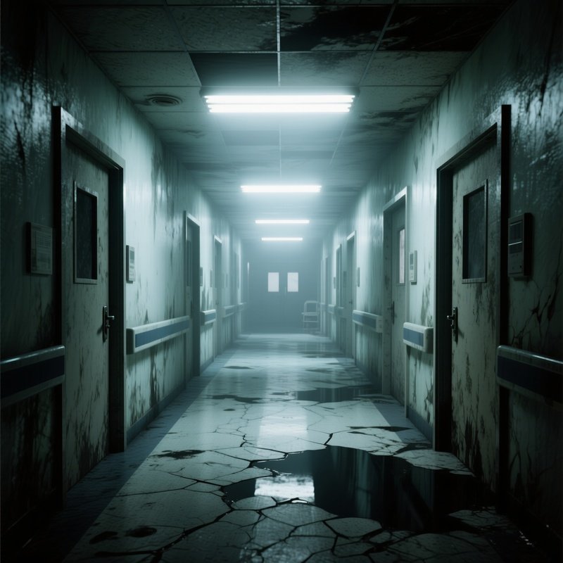An Eerie Abandoned Hospital Corridor, Flickering Fluorescent Lights Casting Intermittent White