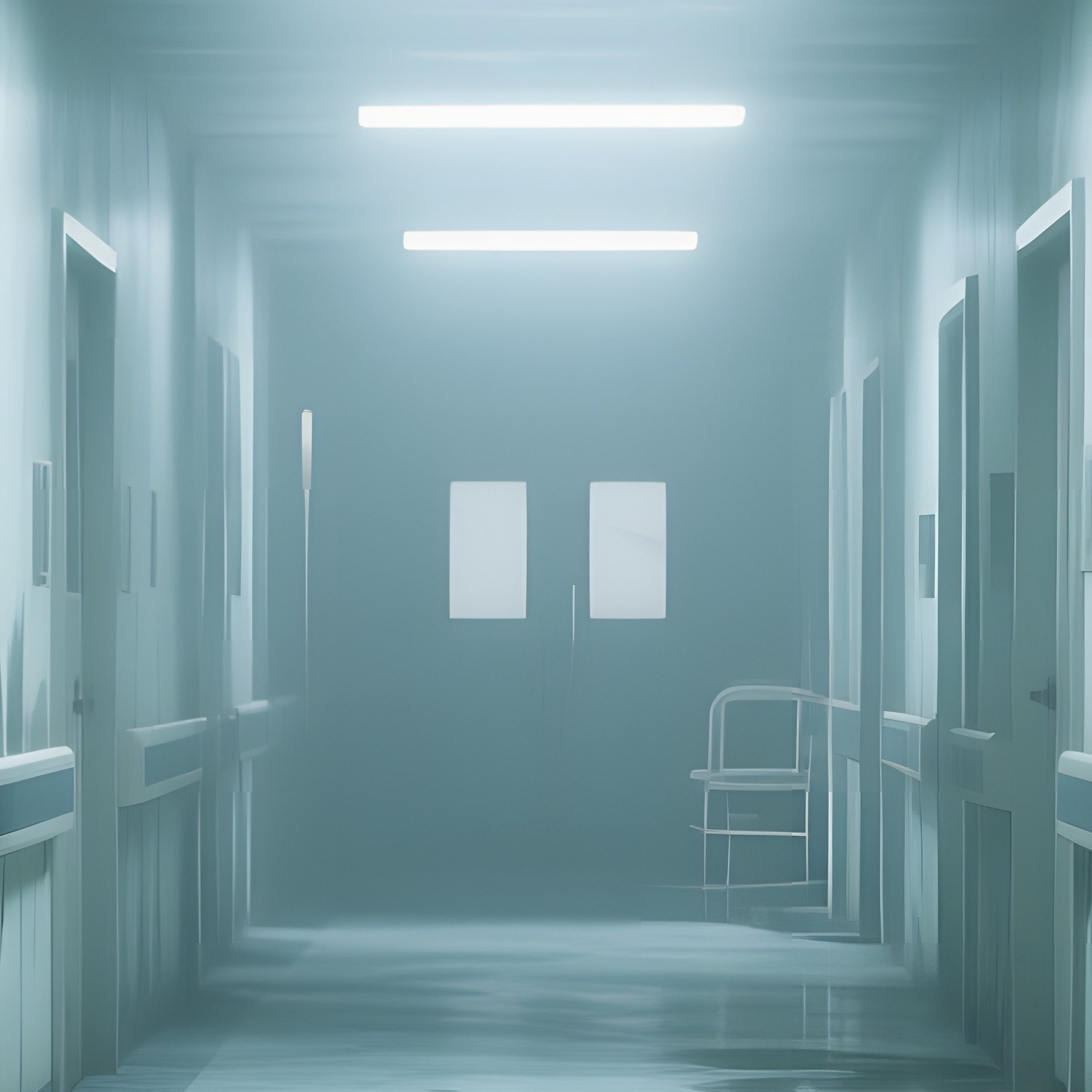 An Eerie Abandoned Hospital Corridor, Flickering Fluorescent Lights Casting Intermittent White - Full Resolution Quality Preview