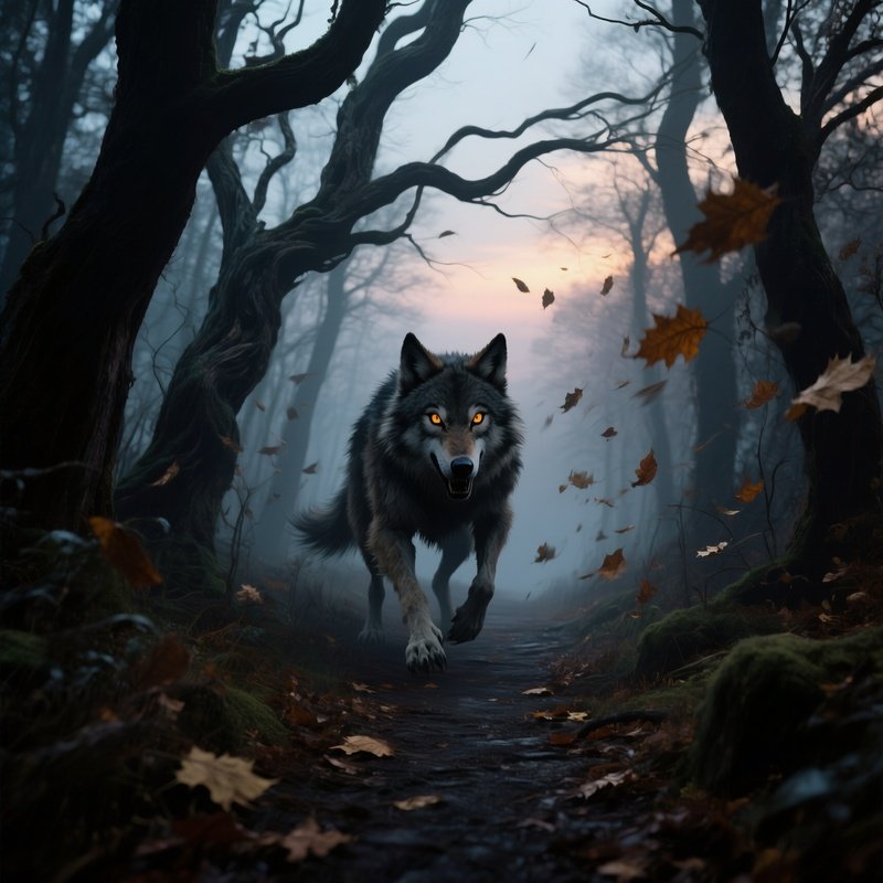 An Eerie Forest Path At Twilight Where The Big Bad Wolf Stalks Behind Twisted Trees, Eyes Glowing
