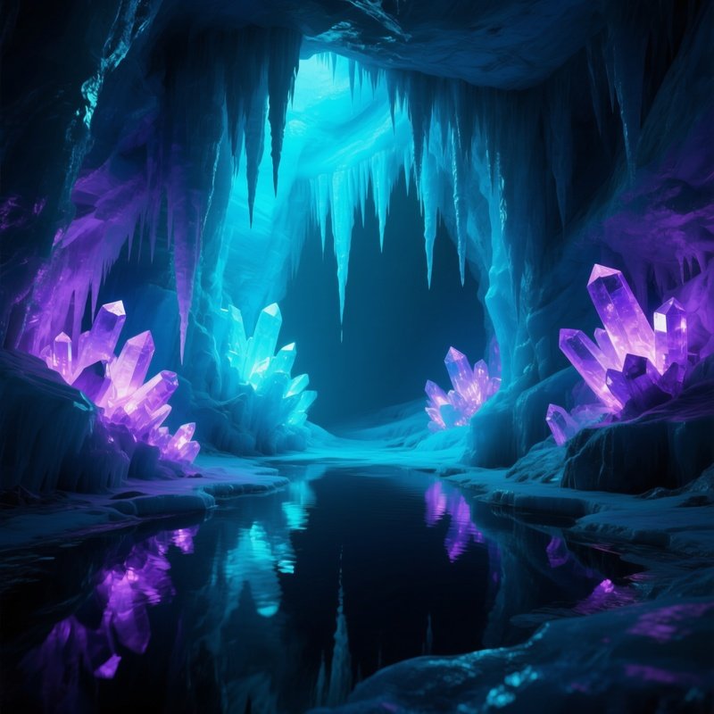 An Eerie Ice Cave Interior Lit By Bioluminescent Crystals Embedded In The Walls, Casting Cool Cyan