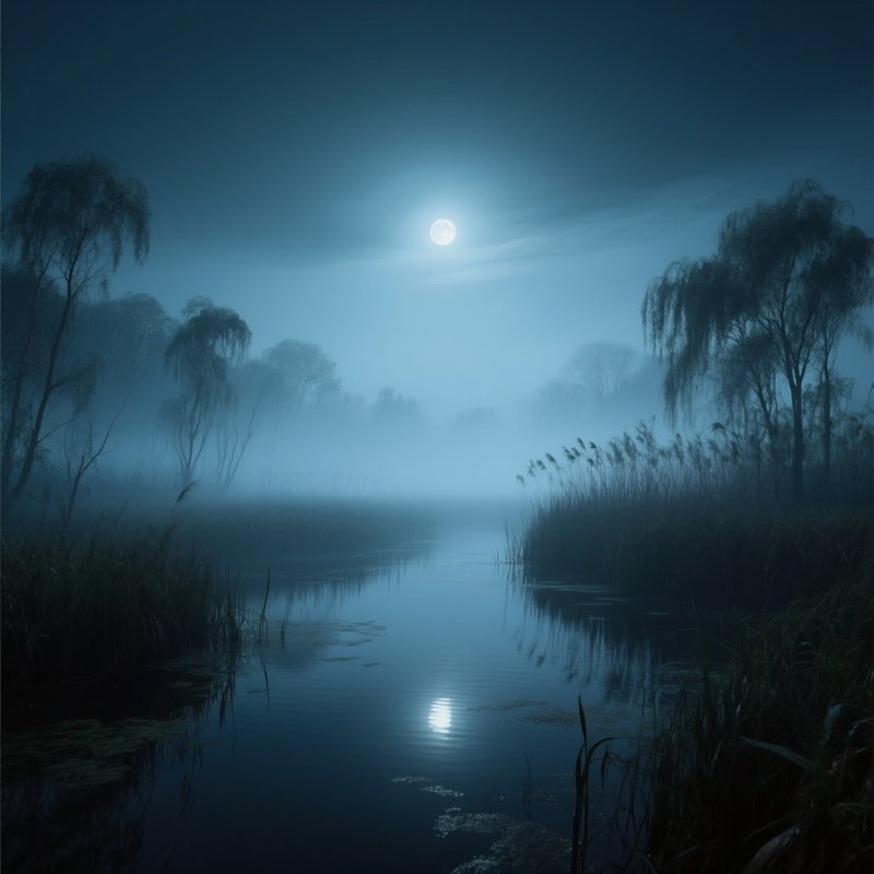 An Eerie Marshland At Night, Fog Rolling Over Still Water That Reflects Pale Moonlight, While