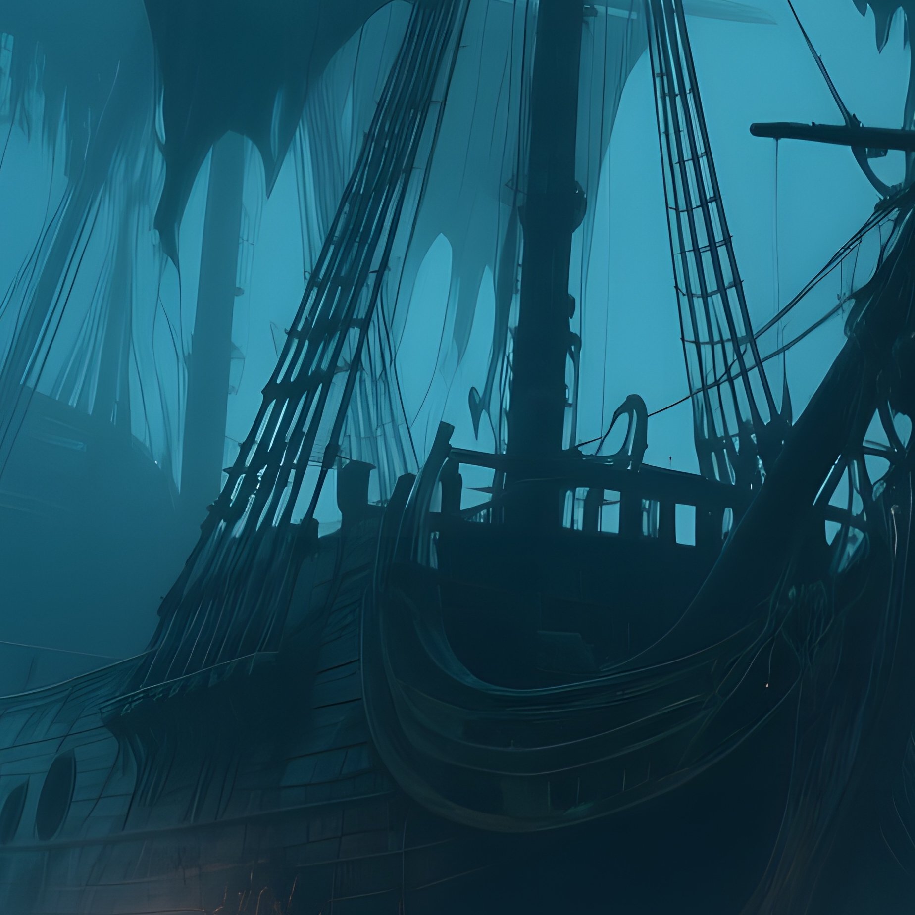 An Eerie Night Scene On A Foggy Reef Shows Ghostly Silhouettes Of Abandoned Pirate Ships - Full Resolution Quality Preview